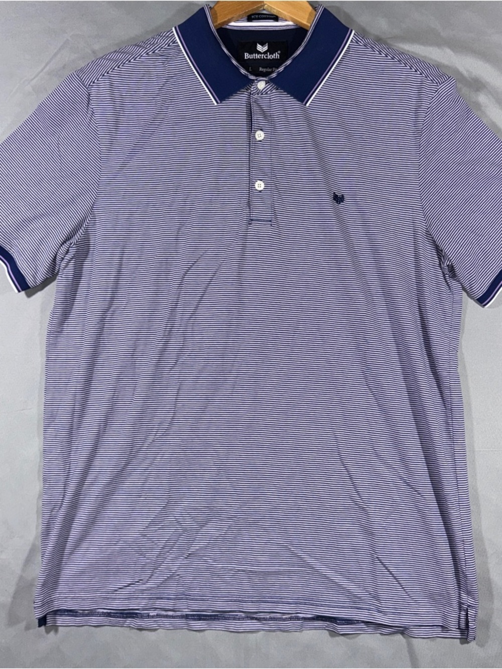 Buttercloth Polo Shirt Mens Large Blue Striped Icy Cotton Stretch Golf Soft